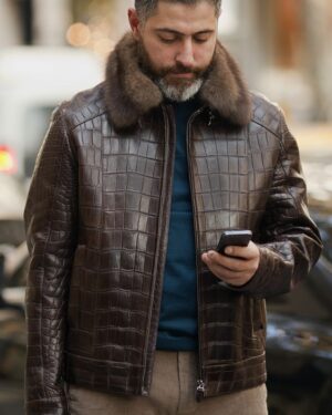 Brown Genuine Crocodile Skin Sable Fur Collar Jacket