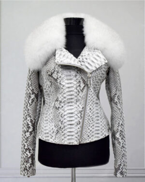 Womens White Fur Collar Python Jacket