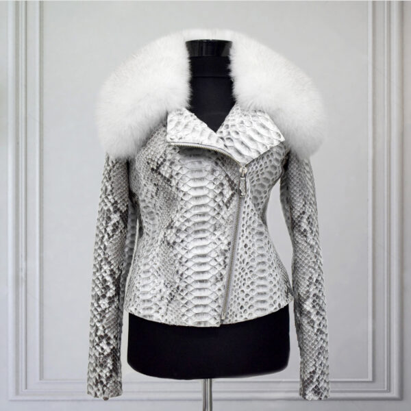 Womens White Fur Collar Python Jacket