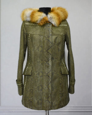 Womens Green Python Coat With Fur Hood