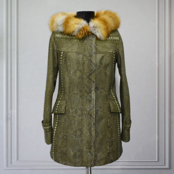 Womens Green Python Coat With Fur Hood