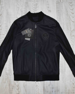 Philipp Plein Matte Black Studs Leather Jacket