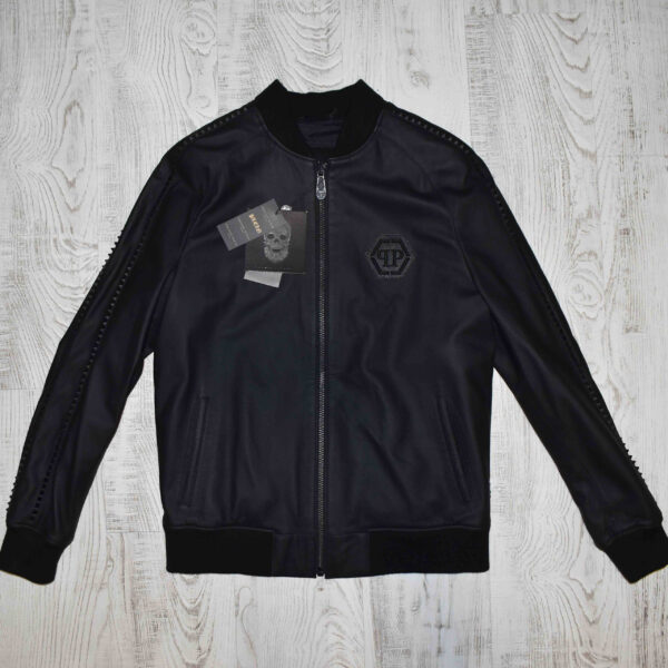 Philipp Plein Matte Black Studs Leather Jacket