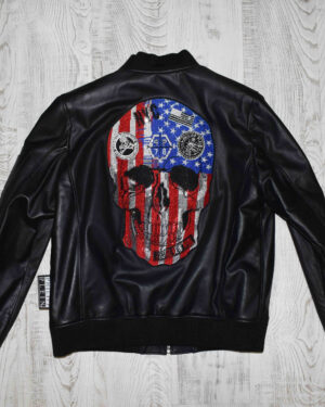Philipp Plein USA Flag Skull Leather Jacket
