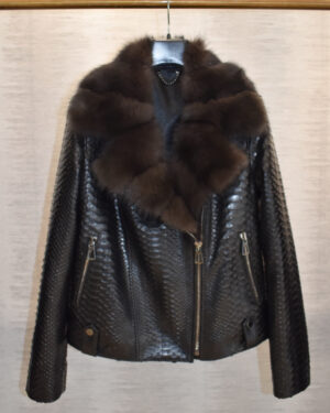 Womens Python Leather Biker Jacket With Sable Fur Trim