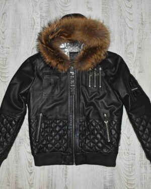 Philipp Plein Raccoon Fur Hood Leather Jacket