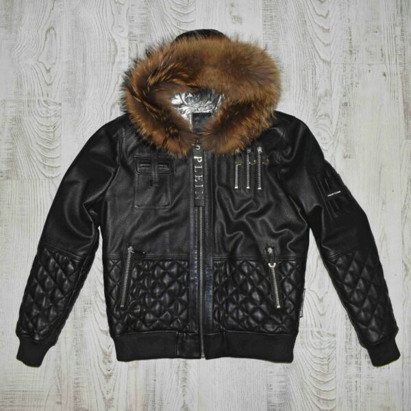 Philipp Plein Raccoon Fur Hood Leather Jacket