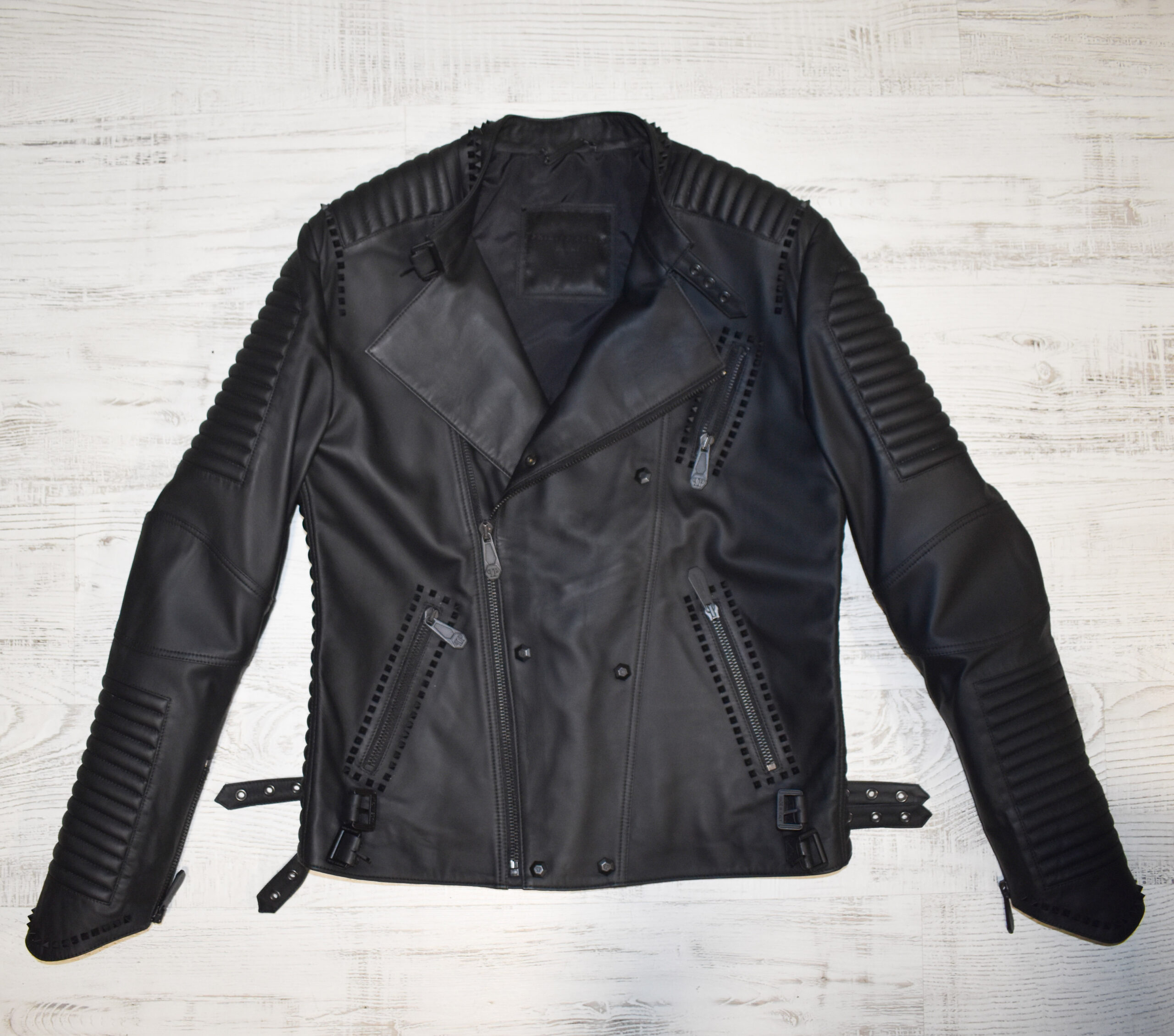 Philipp Plein Matte Black Leather Biker Jacket - Leather Guys