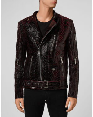 Philipp Plein Black Red Python Skin Biker Jacket