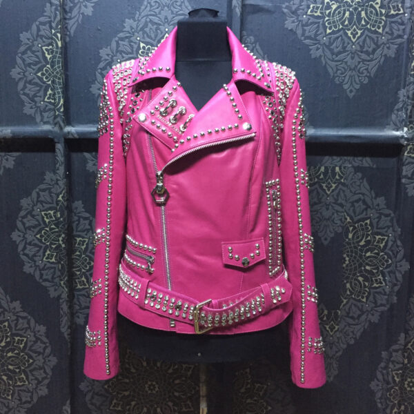 Philipp Plein Women's Pink Leather Biker Jacket