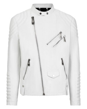 Philipp Plein White Python Leather Biker Jacket