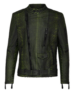 Philipp Plein Matte Black Green Snake Skin Biker Jacket
