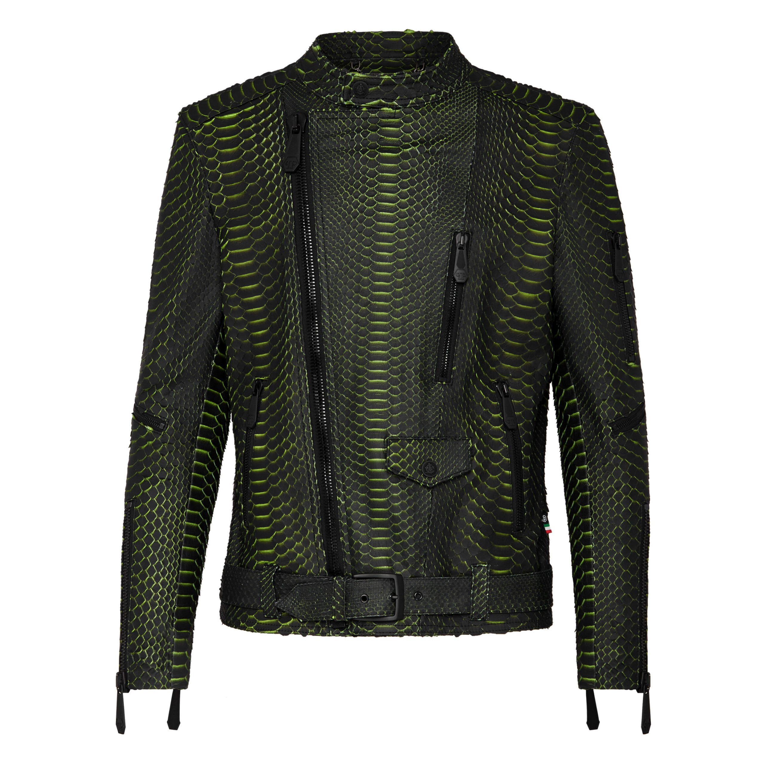 Philipp Plein Matte Black Green Snake Skin Biker Jacket