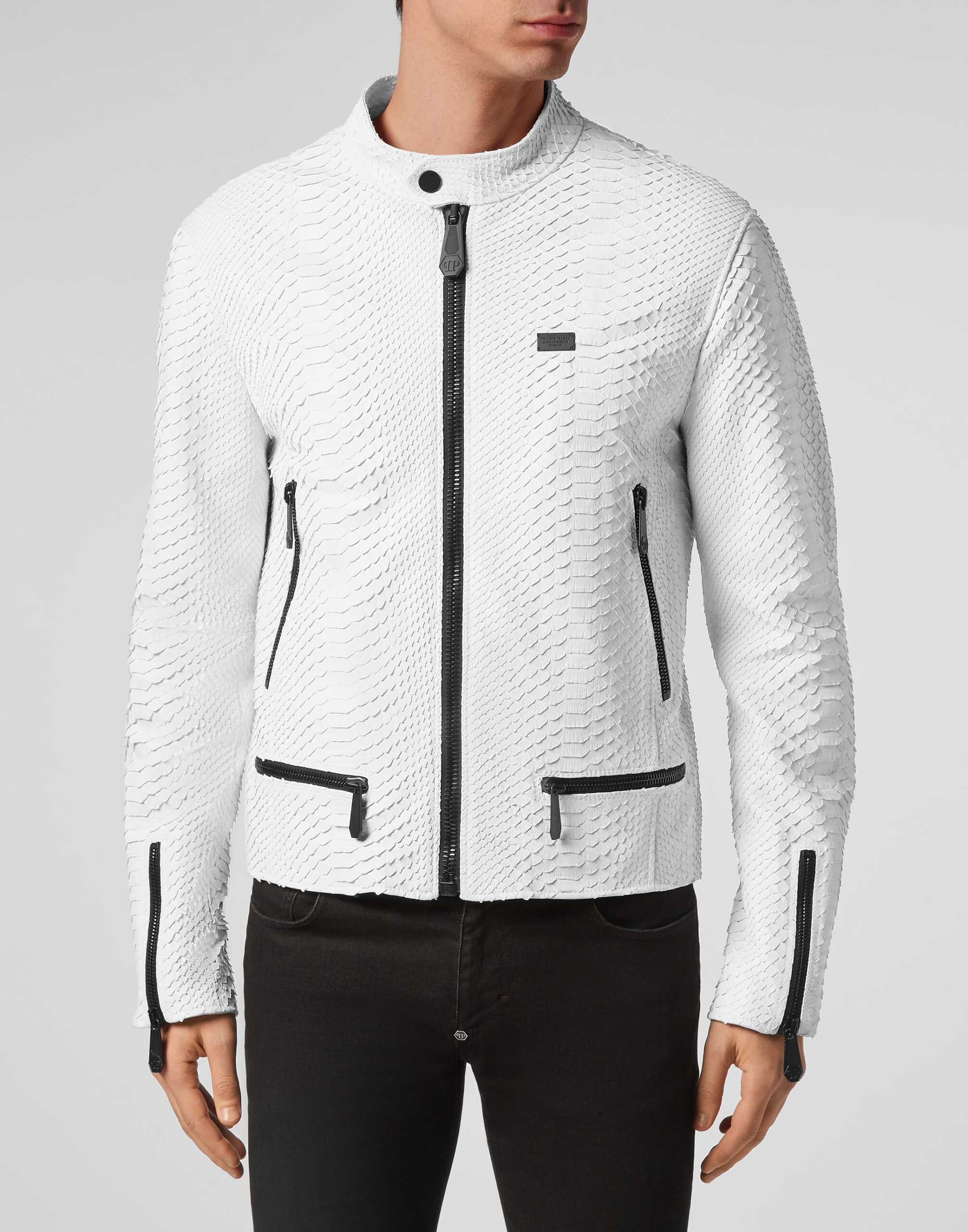 Philipp Plein White Python Leather Moto Jacket