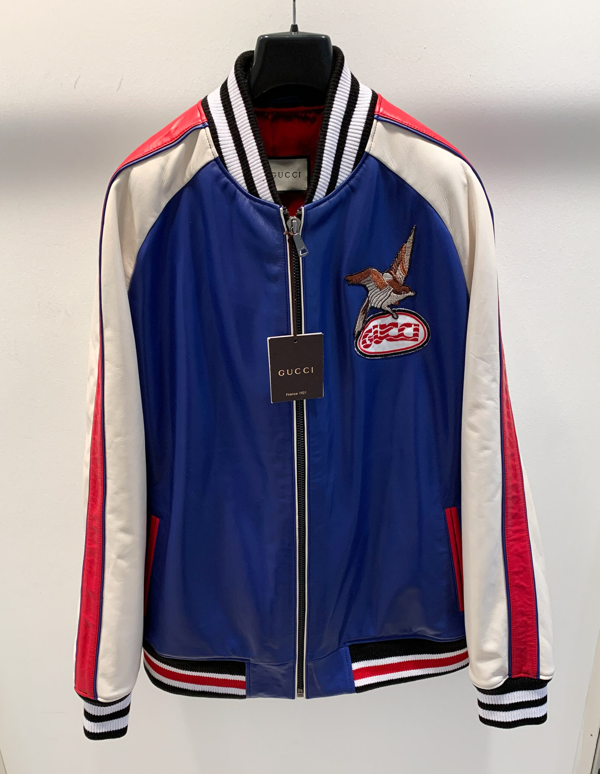 Gucci Blue White Red Leather Jacket - Leather Guys
