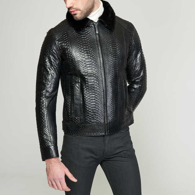 Python Skin Mink Fur Collar Jacket - Leather Guys