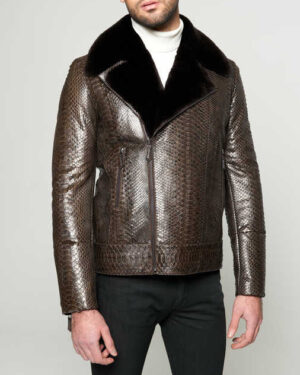 Python Skin Mink Fur Collar Biker Jacket