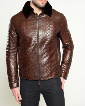 Snake Skin Mink Fur Collar Biker Jacket