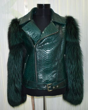 Womens Green Python Fox Fur Biker Jacket