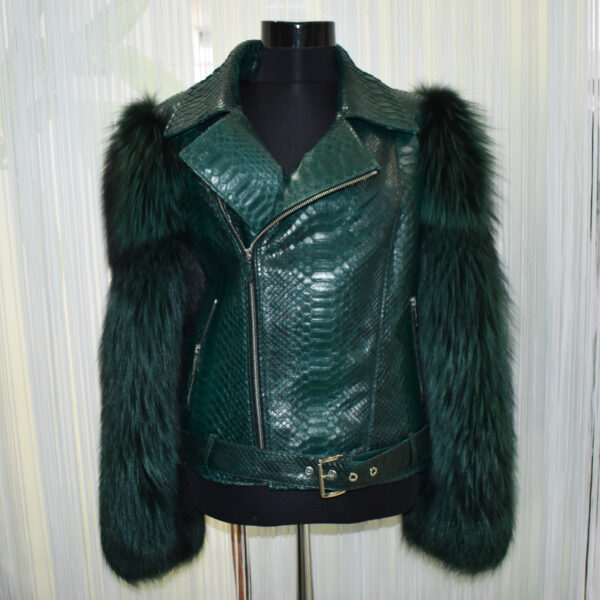 Womens Green Python Fox Fur Biker Jacket