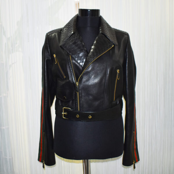 Gucci Womens Python Trim Leather Jacket