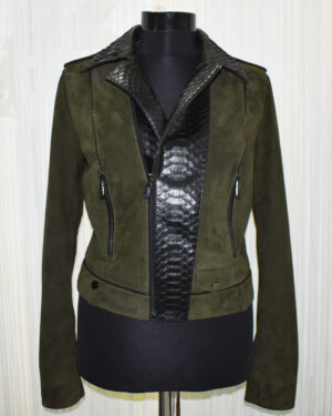 Womens Python Trim Green Suede Jacket