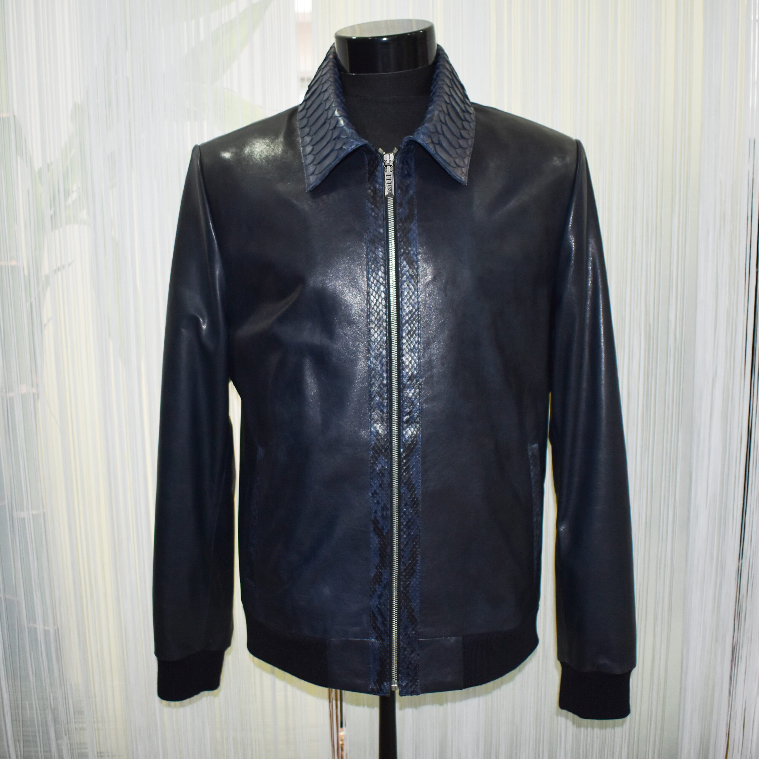 Navy Blue Snake Trim Leather Jacket - Leather Guys: Luxury Leather Jackets