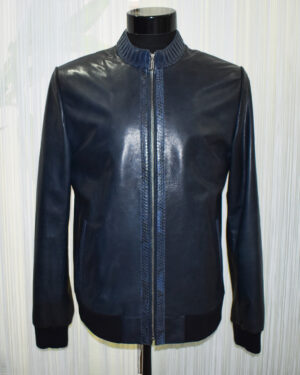 Python Trim Blue Leather Bomber Jacket