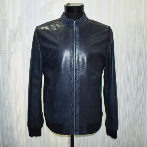 Python Trim Blue Leather Bomber Jacket