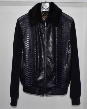 Navy Blue Suede Mink Fur Python Leather Jacket