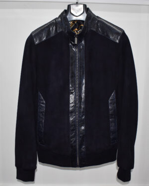 Navy Blue Suede Python Leather Trim Jacket