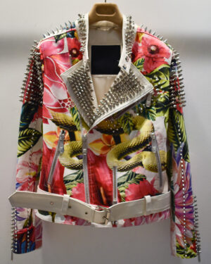 Philipp Plein Printed Women's Leather Biker Jacket With Studs