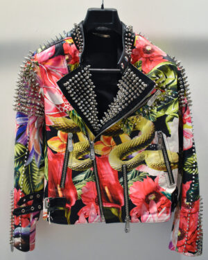 Philipp Plein Black Printed Women's Leather Biker Jacket With Studs