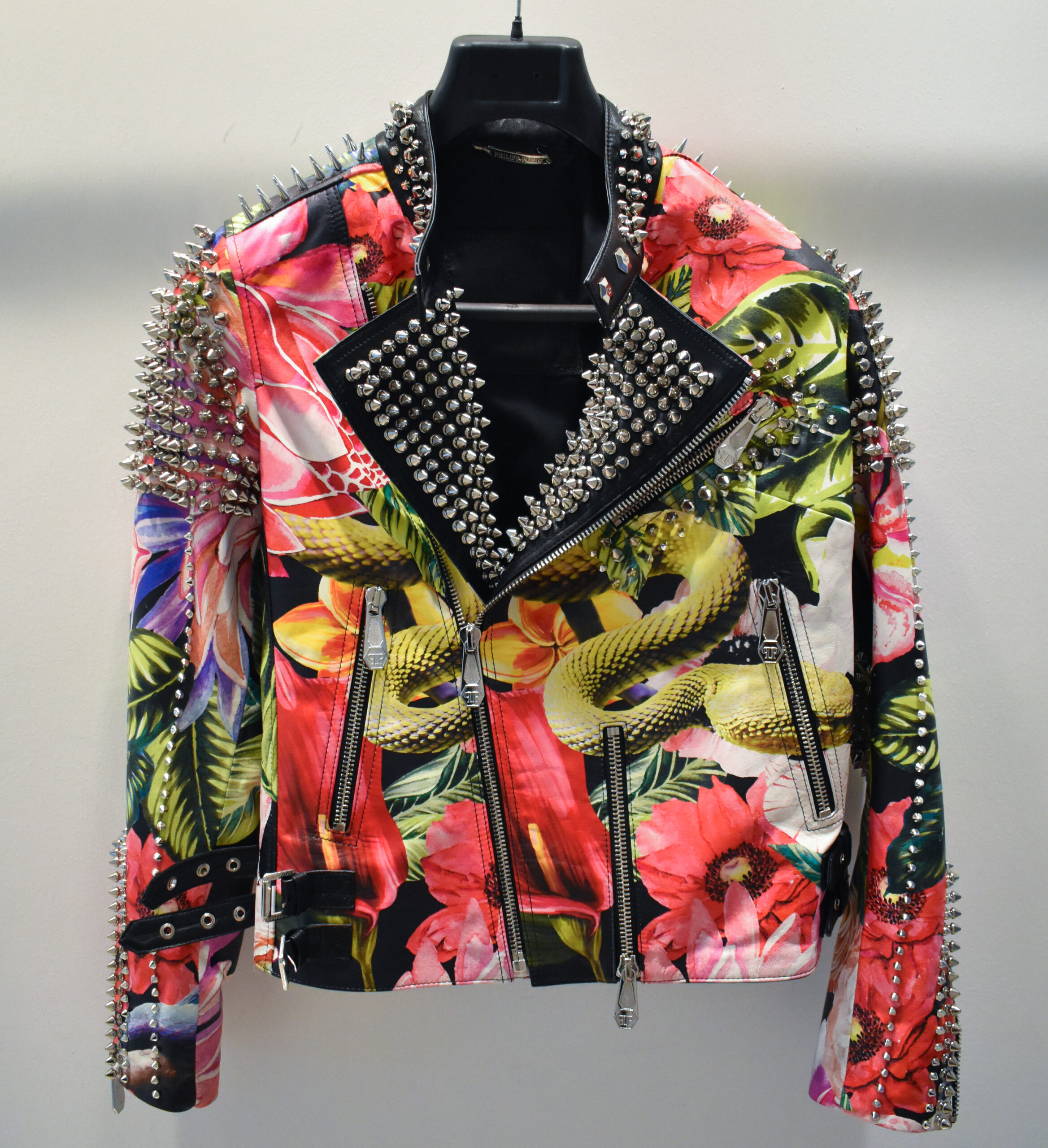 Philipp Plein Black Printed Women's Leather Biker Jacket With Studs