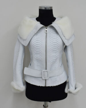 Women Python Leather Mink Fur Collar Jacket