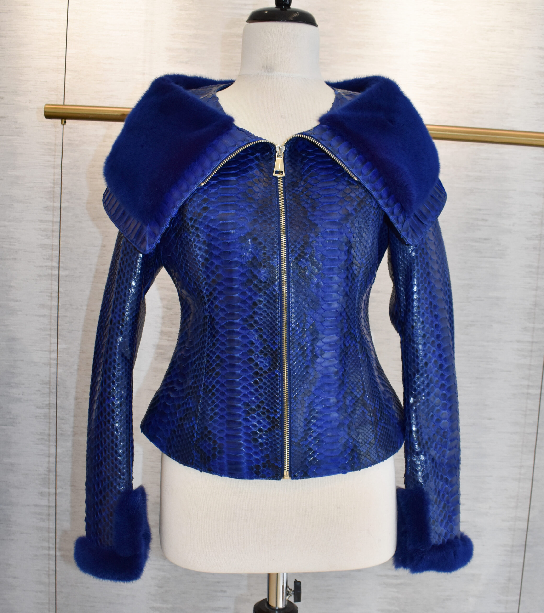 Women Python Leather Mink Fur Collar Jacket