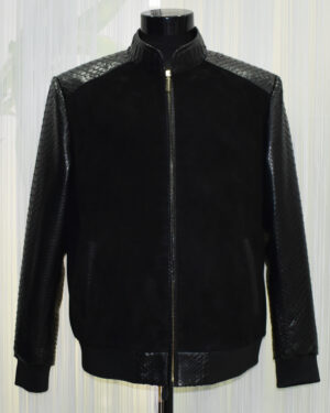 Black Suede Python Leather Trim Jacket