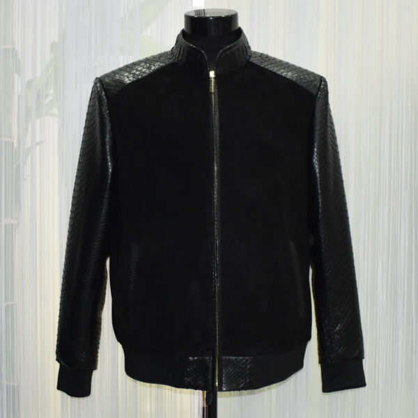 Black Suede Python Leather Trim Jacket