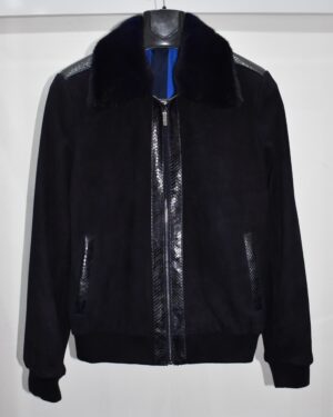 Python Trim Mink Fur Collar Suede Bomber Jacket