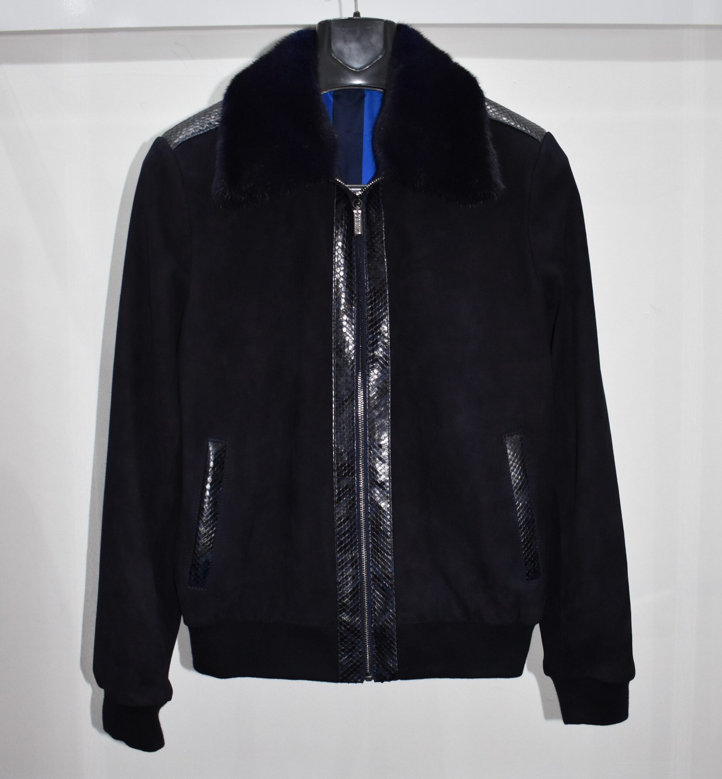 Python Trim Mink Fur Collar Suede Bomber Jacket