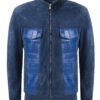 Blue Real Crocodile Leather Trim Suede Jacket