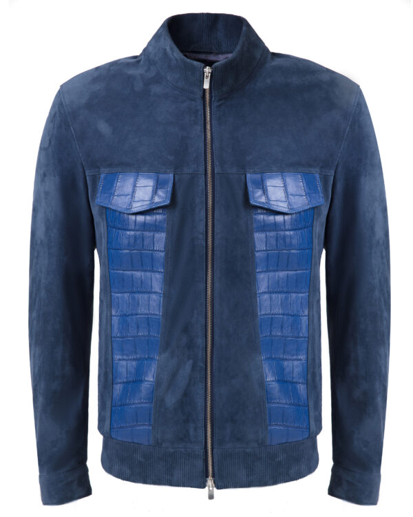 Blue Real Crocodile Leather Trim Suede Jacket