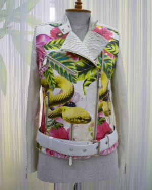 Women Python Trim Printed White Leather Biker Jacket