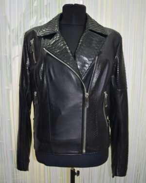 Womens Python Trim Leather Biker Jacket