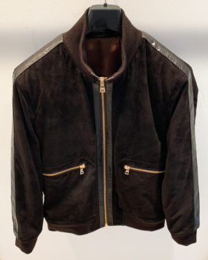 Brown Suede Python Leather Trim Bomber Jacket