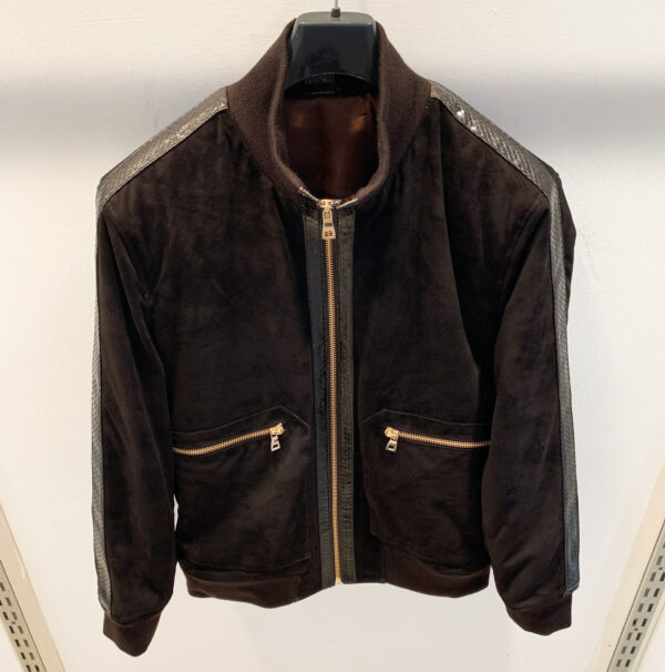 Brown Suede Python Leather Trim Bomber Jacket