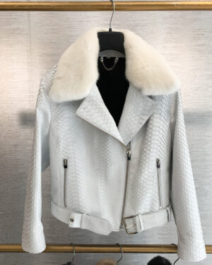 Womens White Mink Fur Collar Python Leather Biker Jacket
