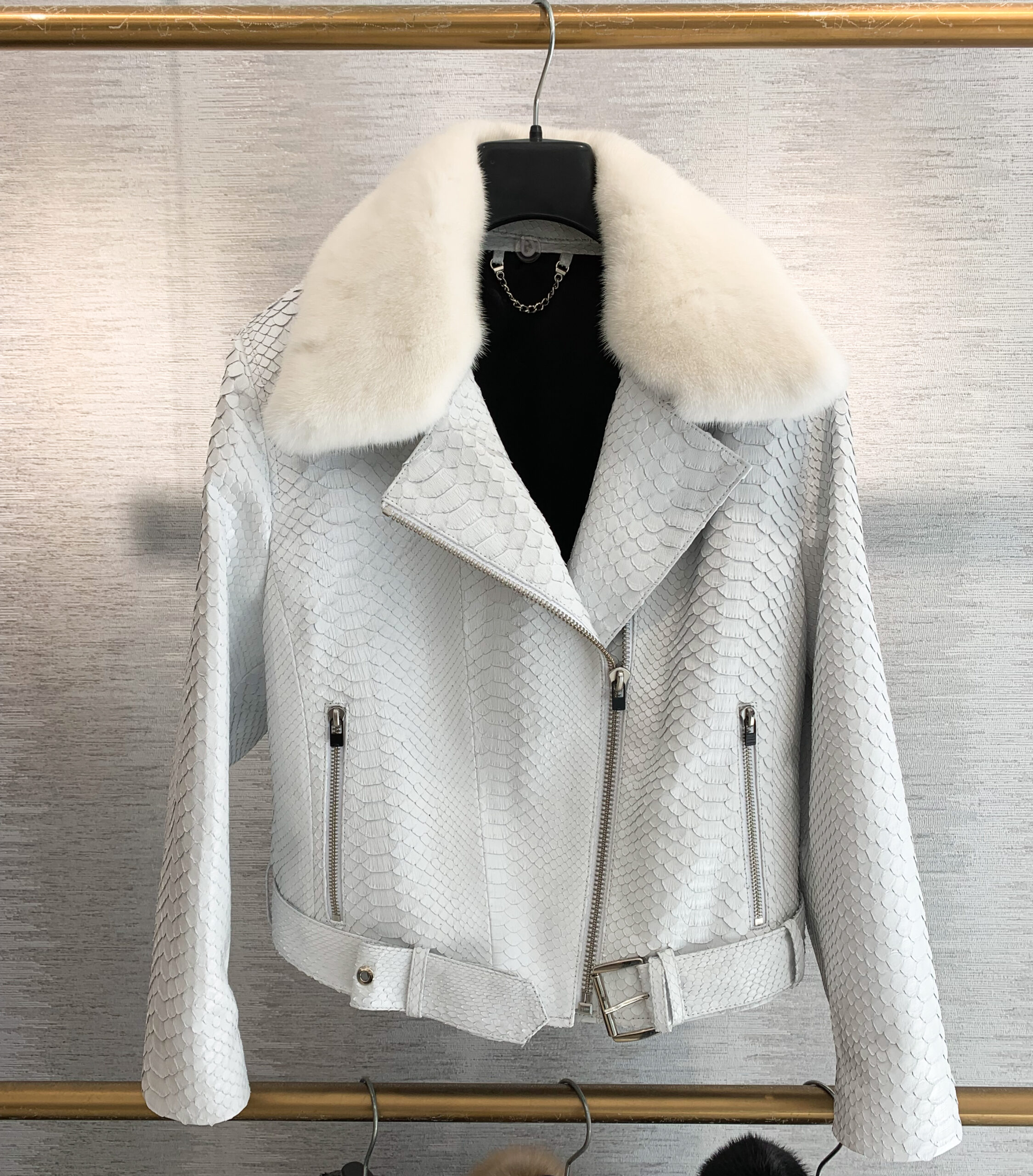 Womens White Mink Fur Collar Python Leather Biker Jacket