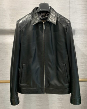 Stefano Ricci Black Python Trim Leather Jacket