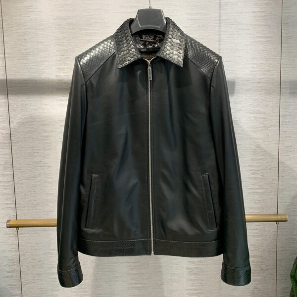 Stefano Ricci Black Python Trim Leather Jacket